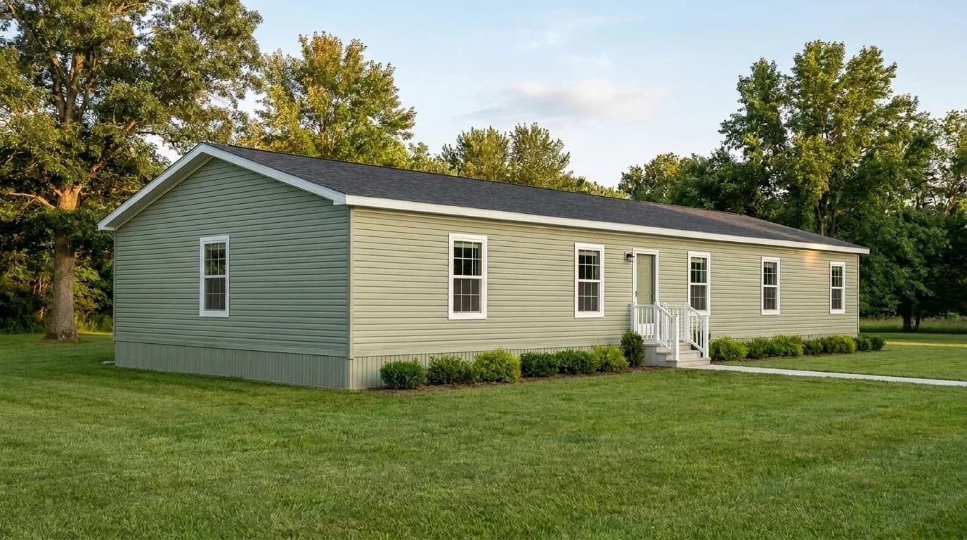 A sage green manufactured home on its own lawn with tall trees behind it