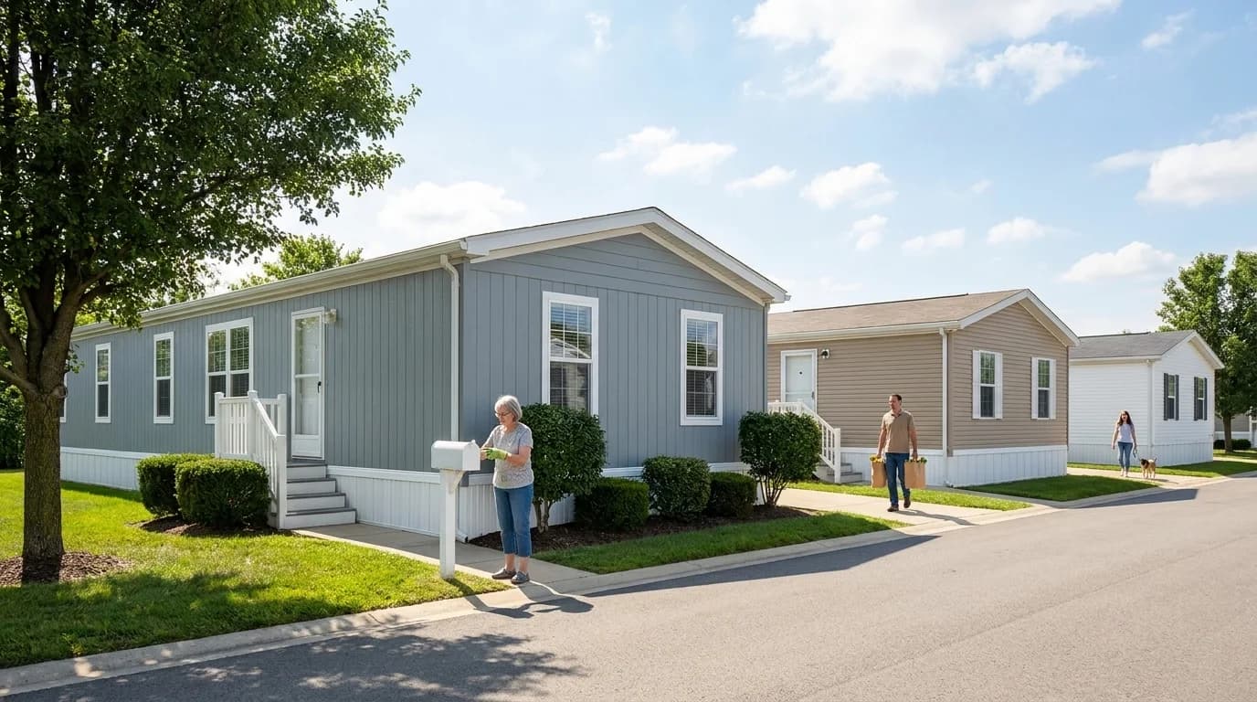Neighbours checking the mail, carrying groceries and walking a dog on a tidy manufactured home community street