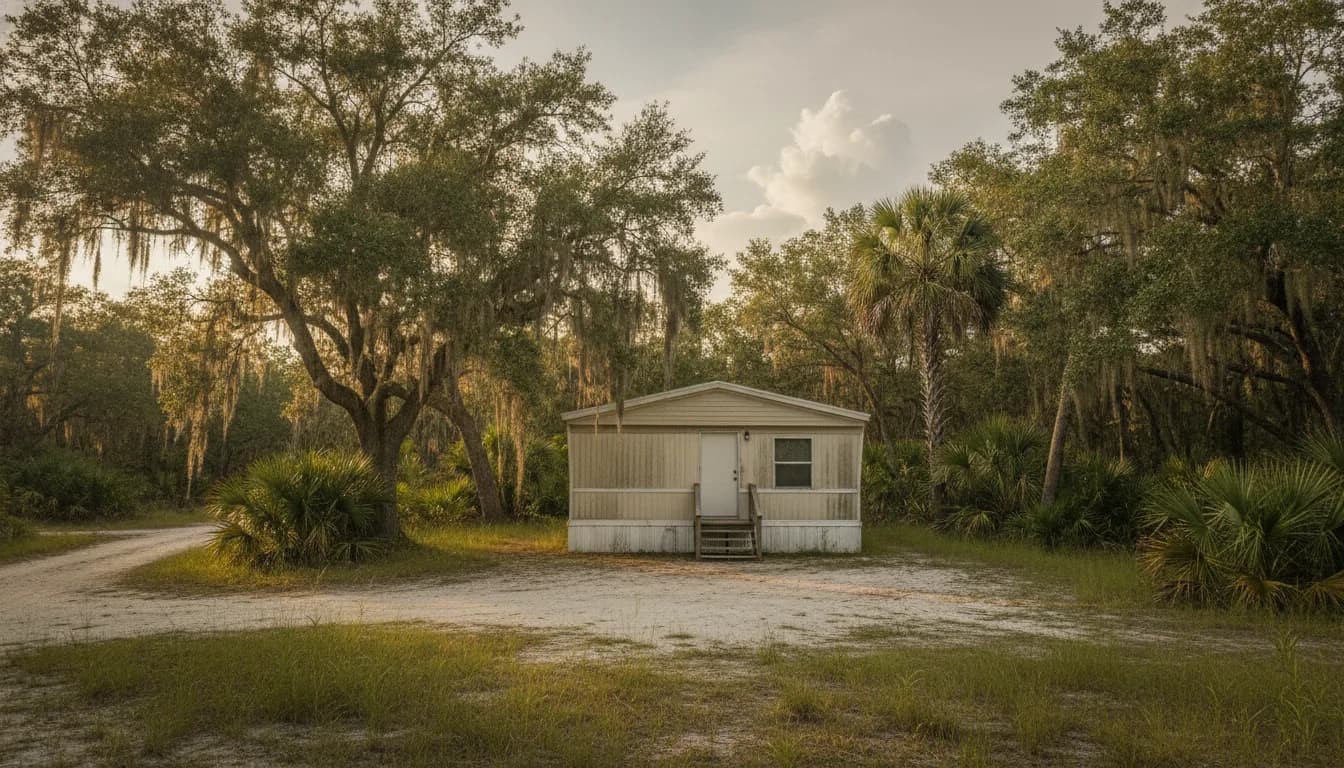 A single-wide manufactured home on a cleared sandy lot under live oaks and cabbage palms in Central Florida