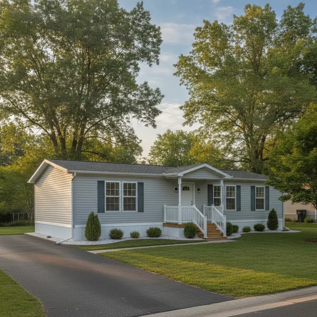 A clean, well-kept manufactured home on its lot at golden hour