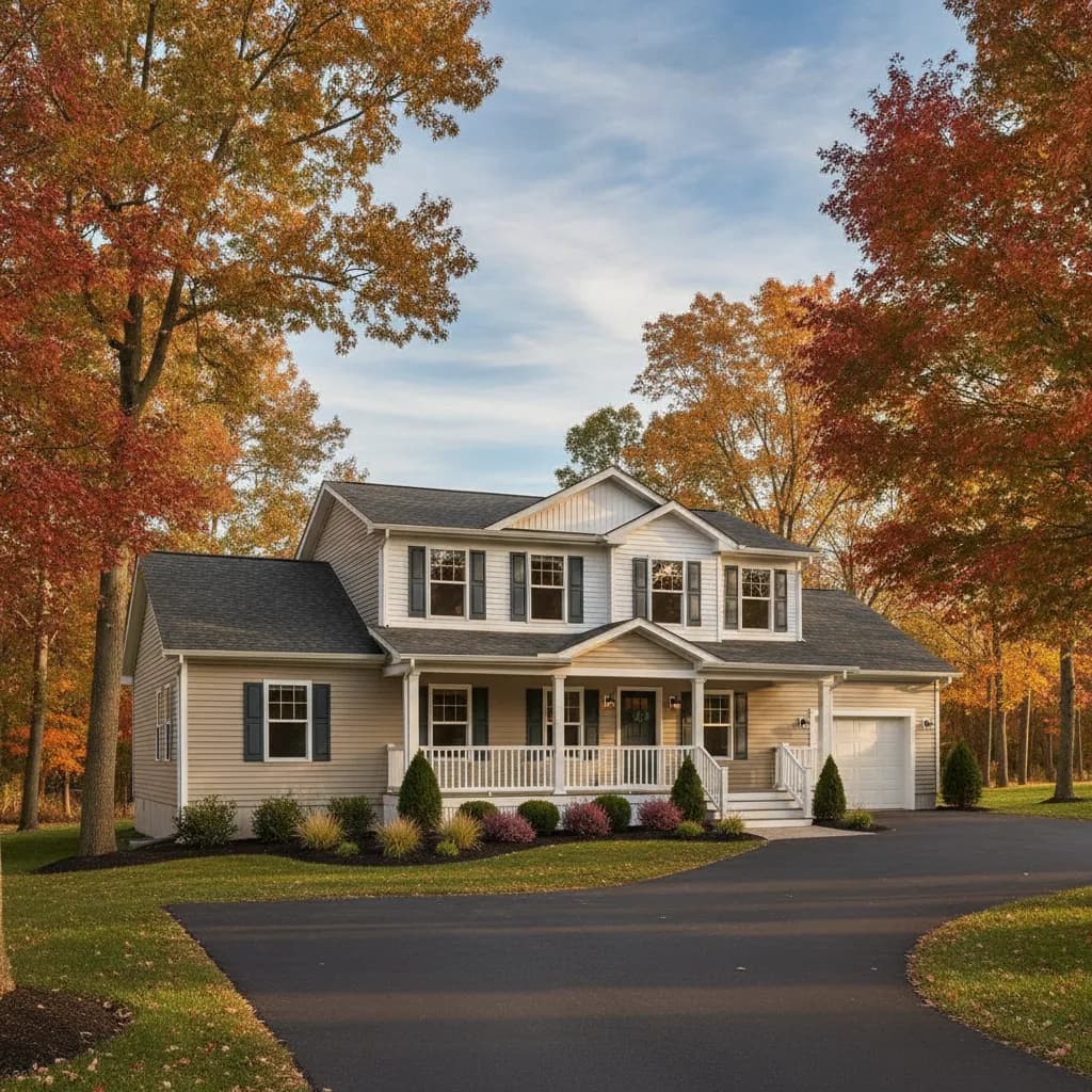 An attractive manufactured home in a New Jersey neighborhood in early autumn