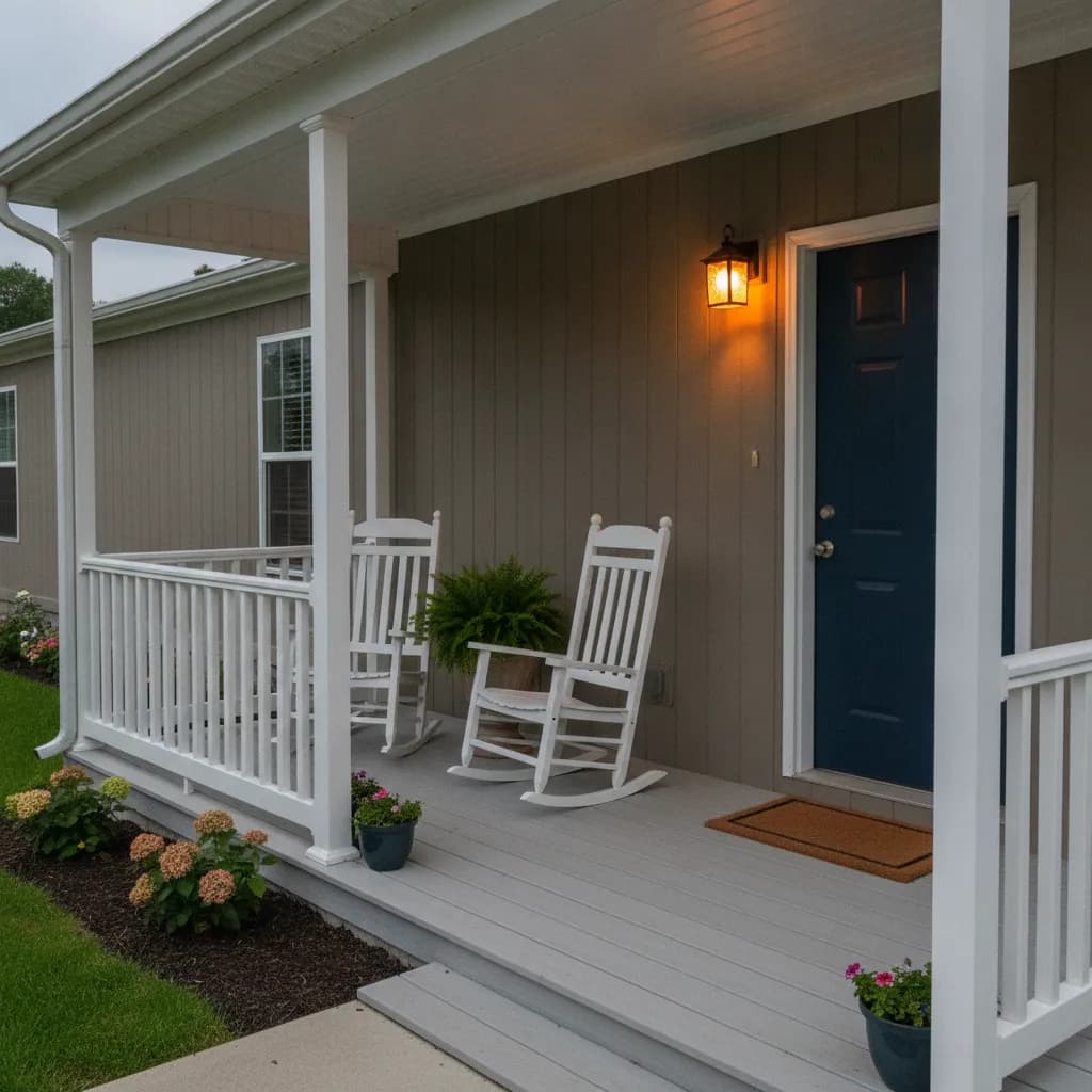 The welcoming front porch of a manufactured home