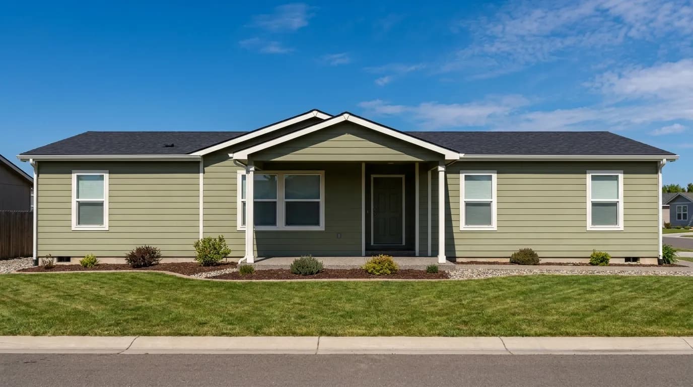 A well-kept manufactured home viewed from the street on a clear day