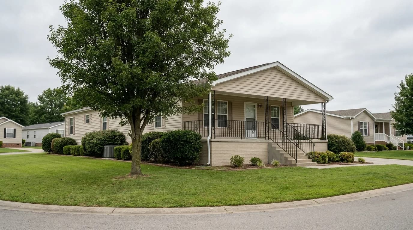 A manufactured home on a permanent foundation with mature landscaping