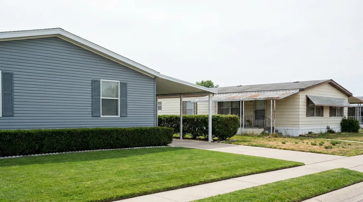 Two similar manufactured homes on adjacent lots in a community