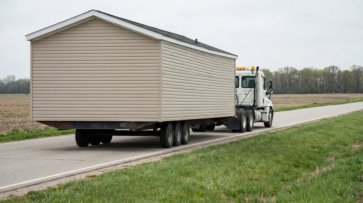 A manufactured home section on a transport frame on a rural road