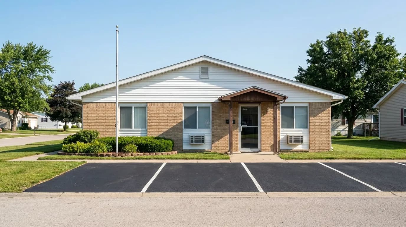 A manufactured home community office building on a sunny weekday morning