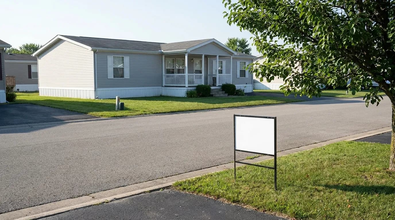 A manufactured home on a quiet street with a for sale sign at the curb