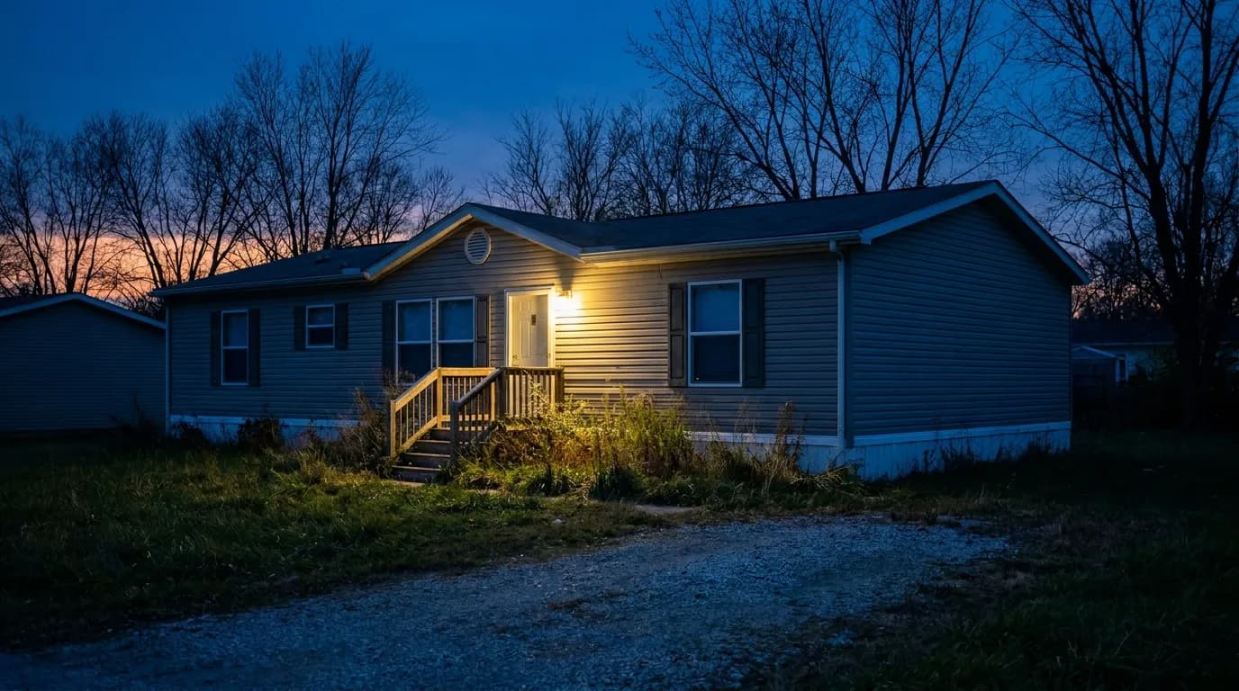 An empty manufactured home with the porch light on at dusk