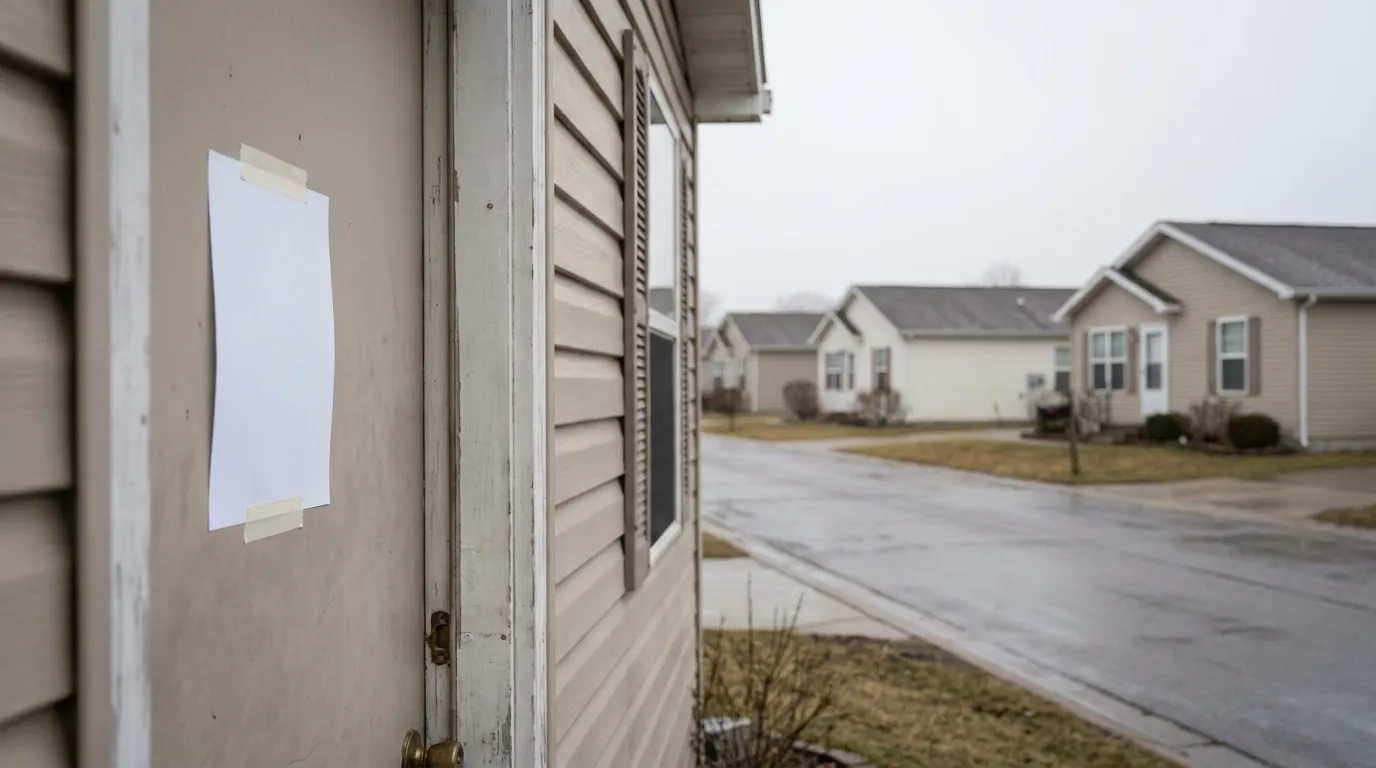 A manufactured home community street with an overdue notice on a door