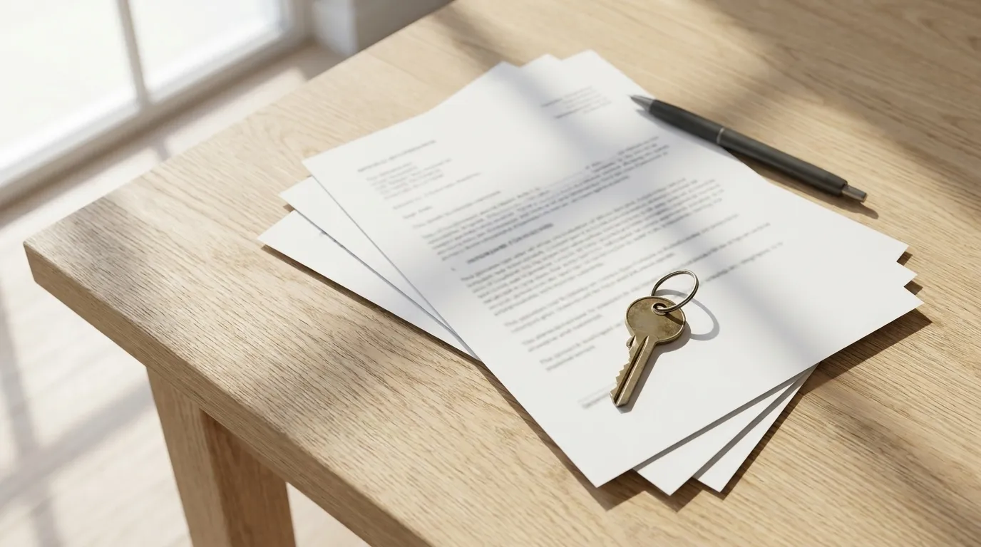 Closing paperwork and a set of keys on a kitchen table