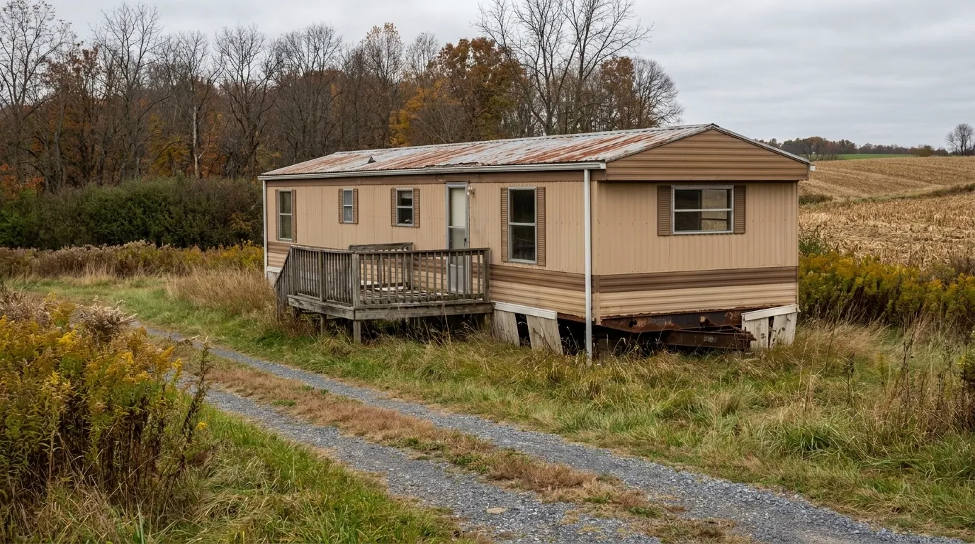 An older, empty single-wide mobile home on rural land in Pennsylvania farm country in late autumn