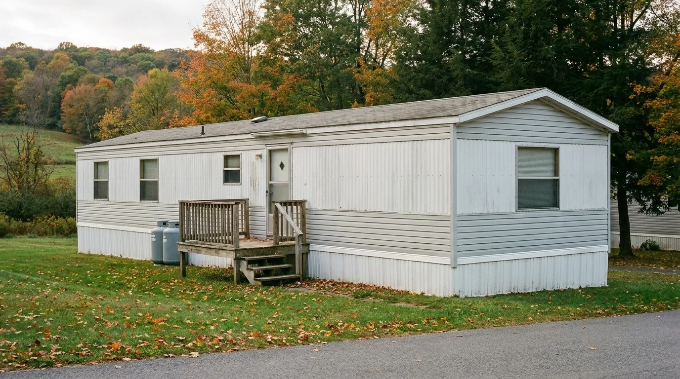 A lived-in single-wide mobile home with a wooden porch in a Pennsylvania community in autumn