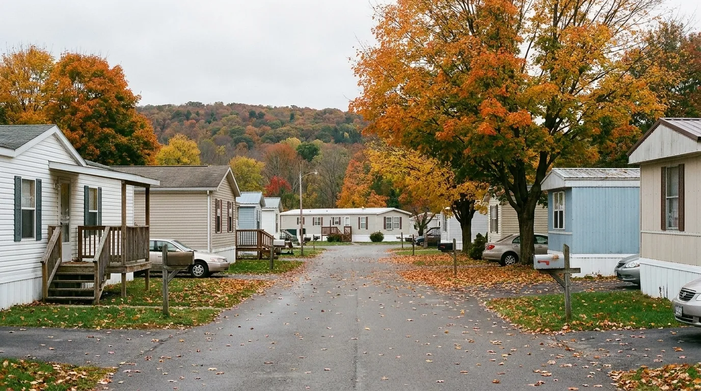 A lane of older single-wide homes in a Pennsylvania mobile home community in the fall